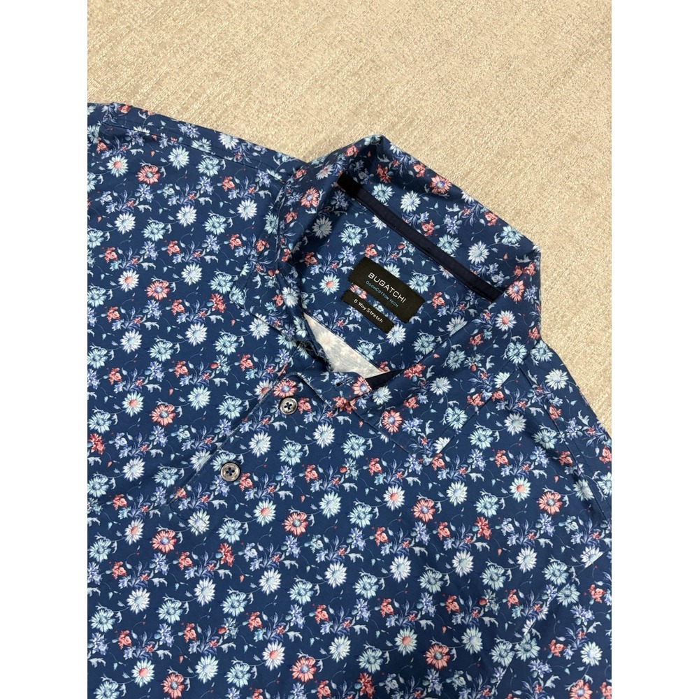 Bugatchi Mens Oooh Cotton Polo Shirt Size Medium 8-Way Stretch Floral AOP Blue